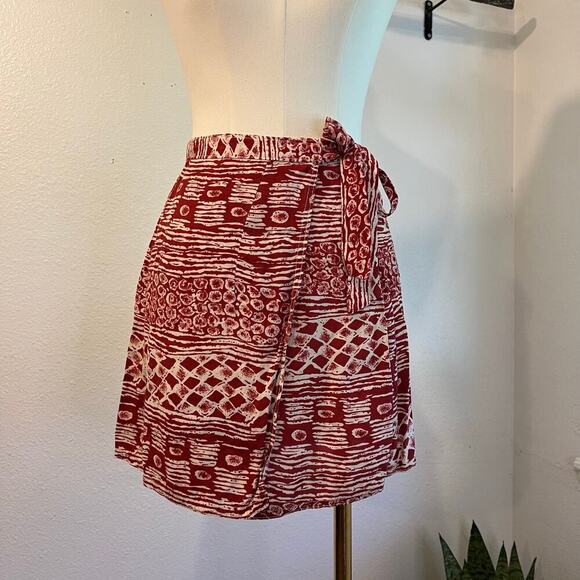 Vintage 90s Red & White Boho Indie Wrap Style Beach Summer Mini Skirt Size Small - Picture 9 of 10